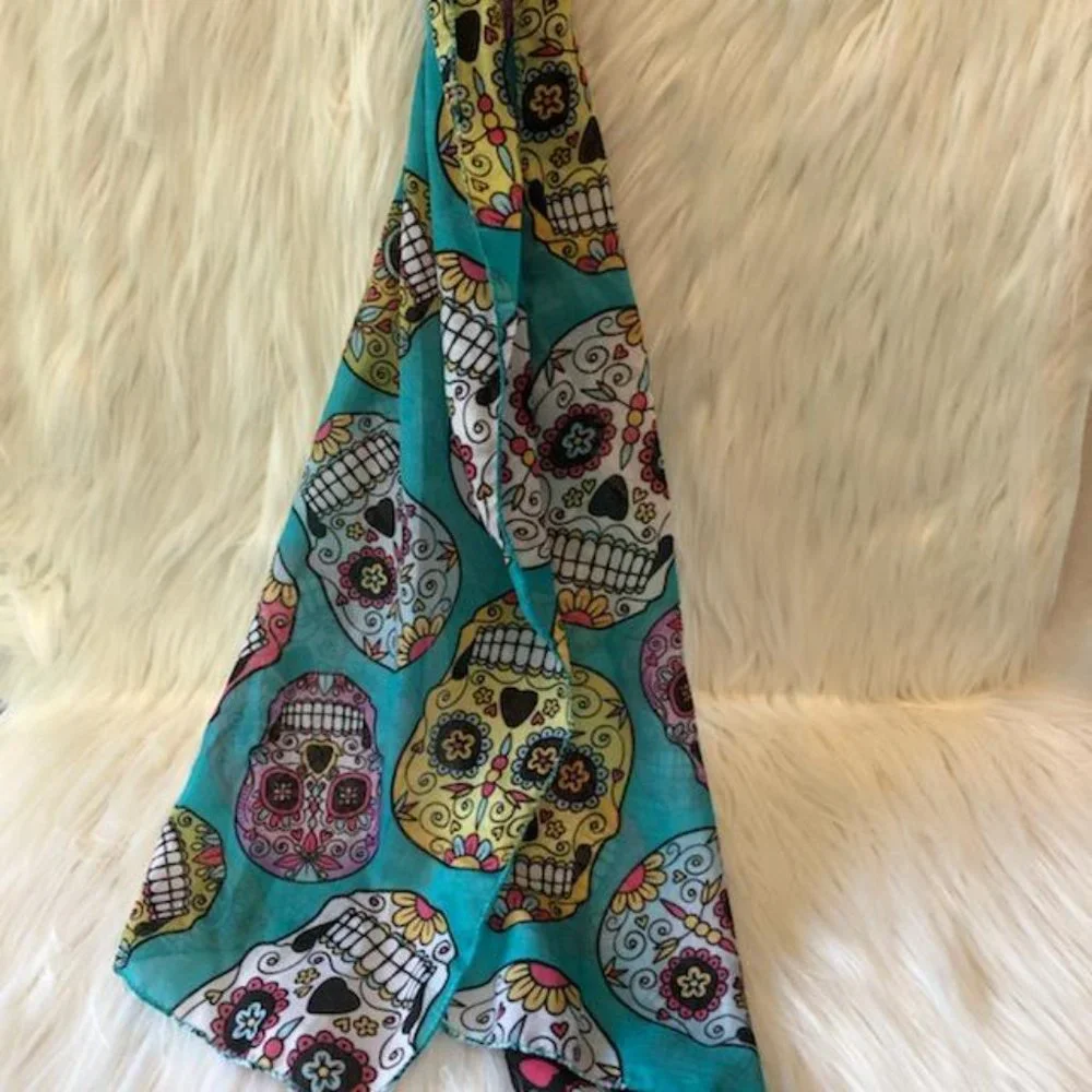 Lightweight Turquoise Sugar Skull Scarf